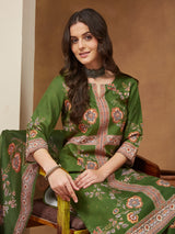 Women's Mehendi Green Cotton Blend Floral Printed Straight Kurta Set