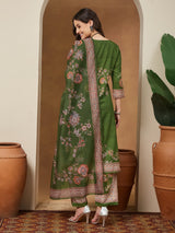 Women's Mehendi Green Cotton Blend Floral Printed Straight Kurta Set