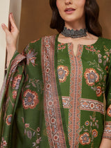 Women's Mehendi Green Cotton Blend Floral Printed Straight Kurta Set