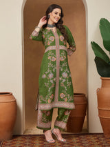 Women's Mehendi Green Cotton Blend Floral Printed Straight Kurta Set