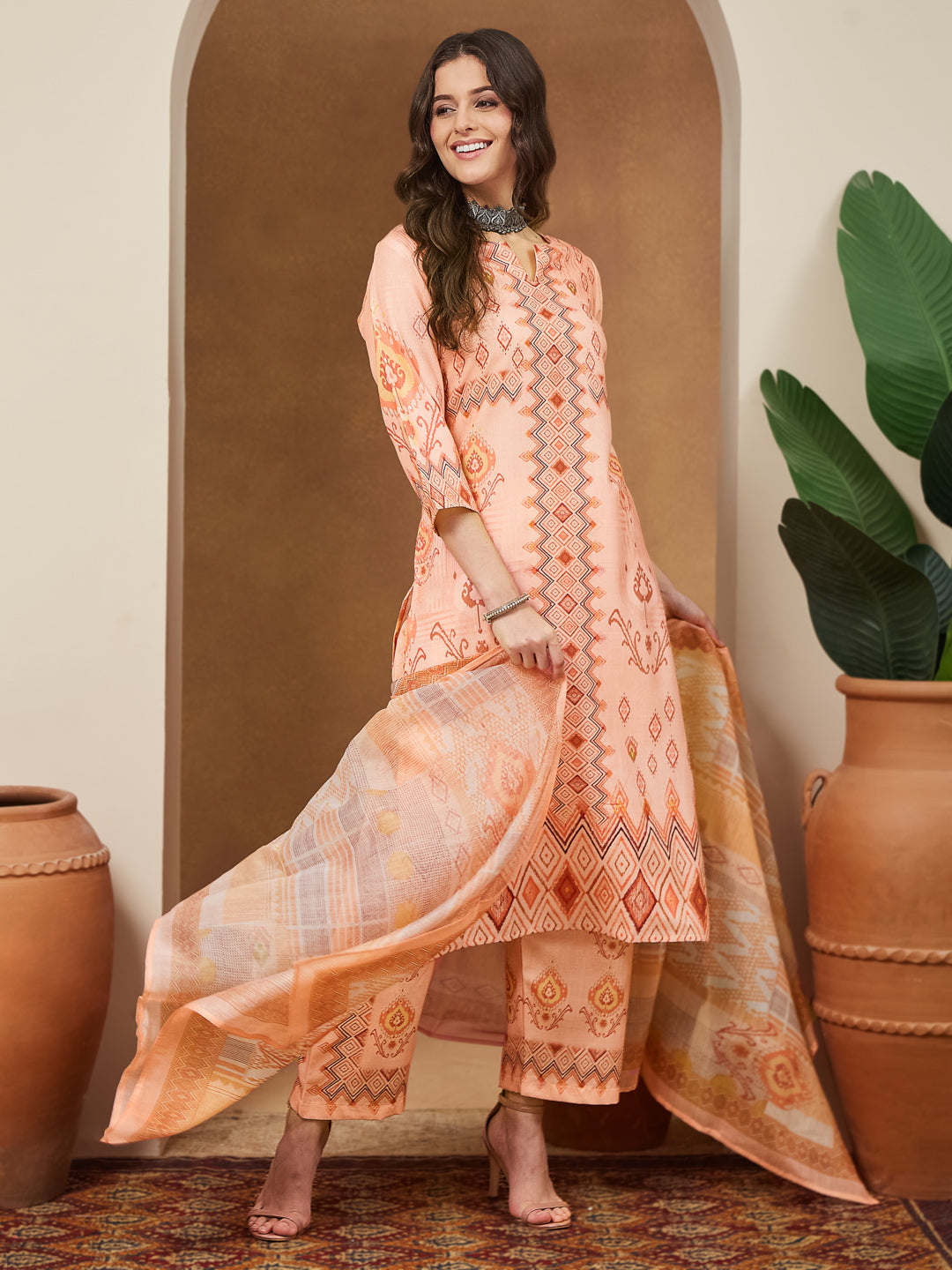 Women's Peach Cotton Blend Geometric Printed Straight Kurta Set