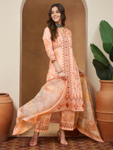 Women's Peach Cotton Blend Geometric Printed Straight Kurta Set