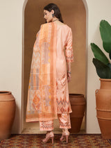Women's Peach Cotton Blend Geometric Printed Straight Kurta Set