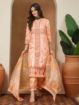 Women's Peach Cotton Blend Geometric Printed Straight Kurta Set