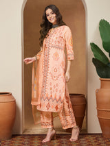 Women's Peach Cotton Blend Geometric Printed Straight Kurta Set
