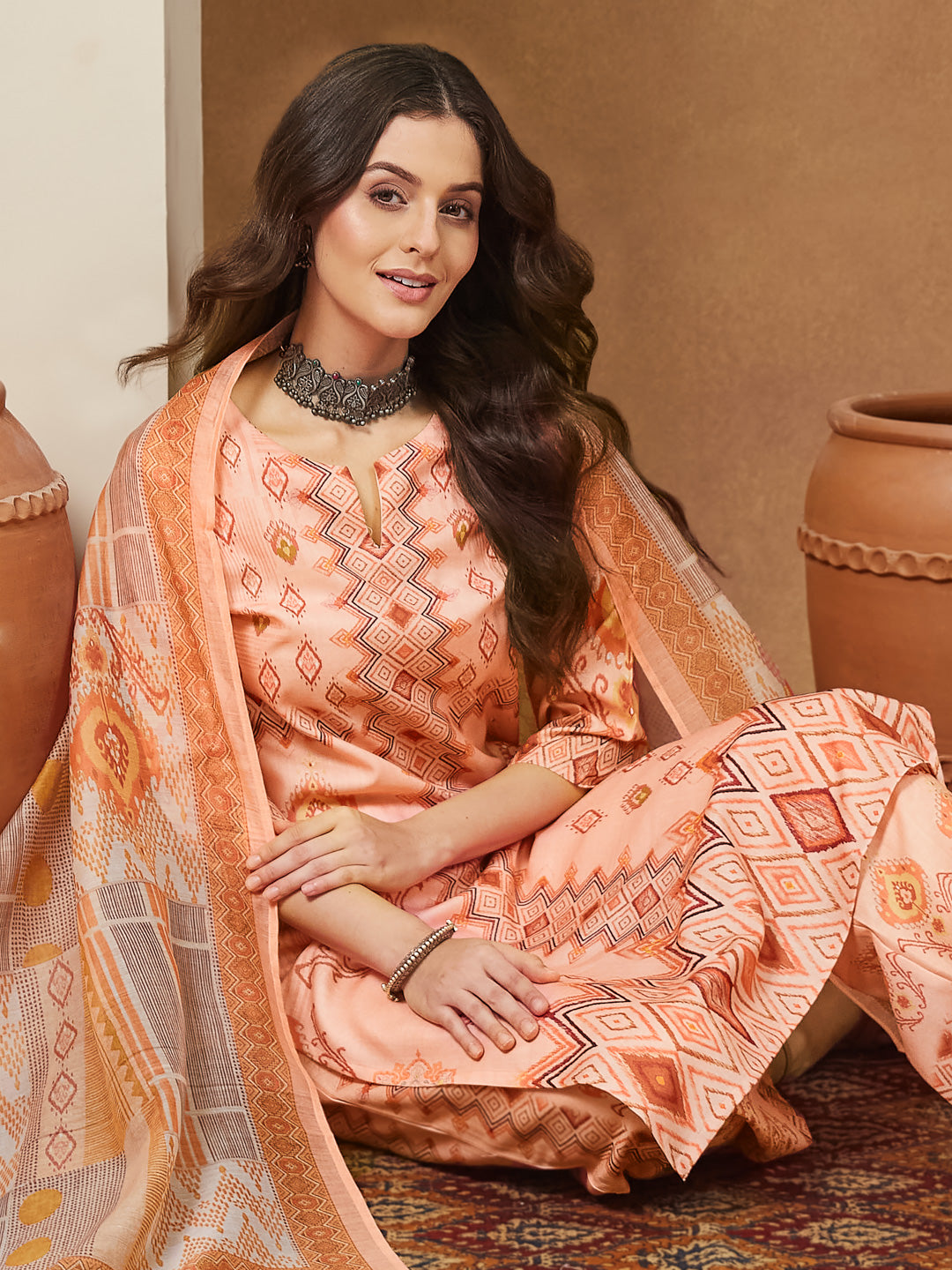 Women's Peach Cotton Blend Geometric Printed Straight Kurta Set
