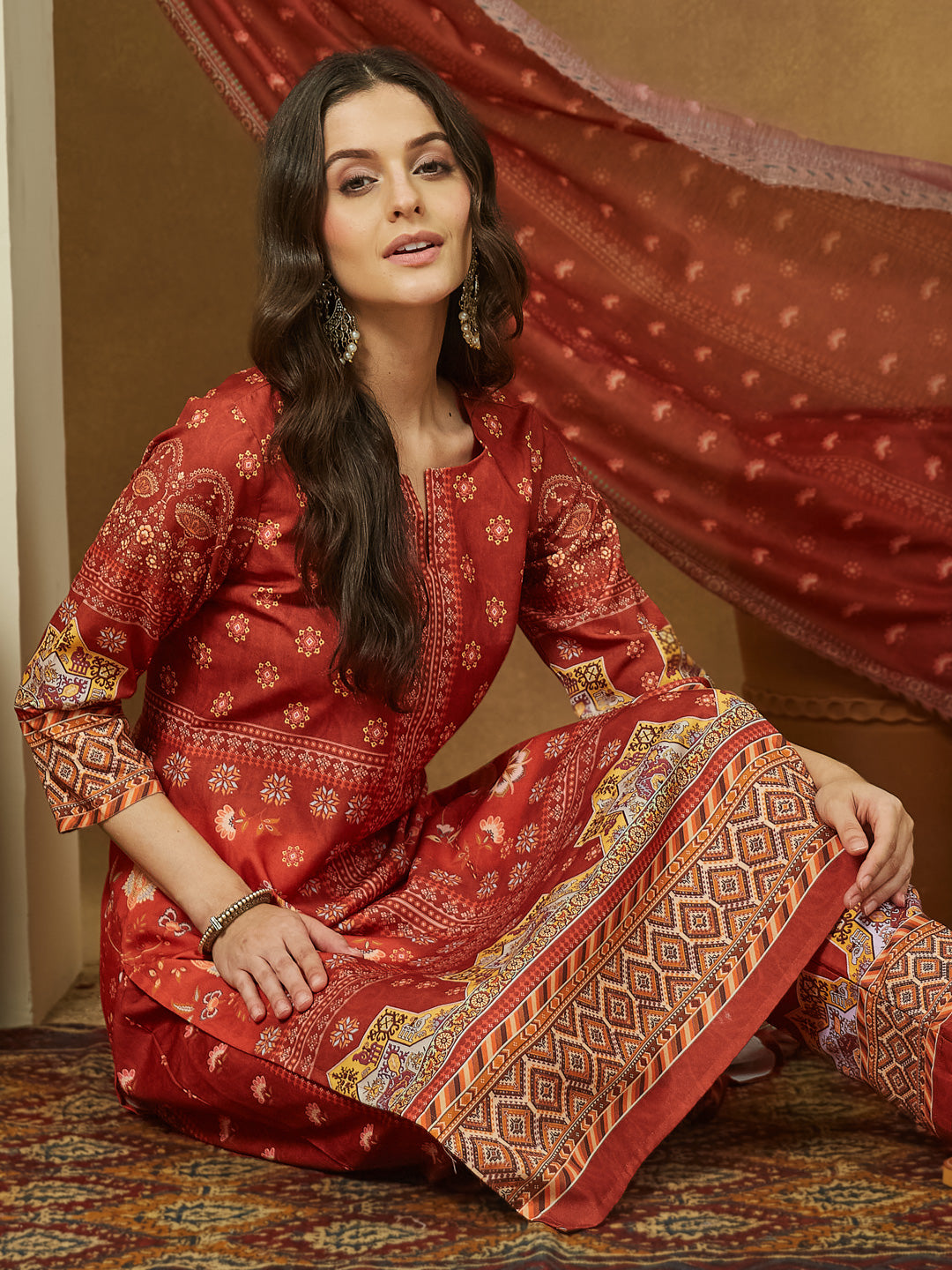 Women's Rust Cotton Blend Floral Printed Pakistani Straight Kurta Set