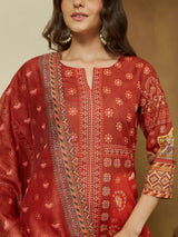 Women's Rust Cotton Blend Floral Printed Pakistani Straight Kurta Set