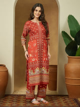 Women's Rust Cotton Blend Floral Printed Pakistani Straight Kurta Set