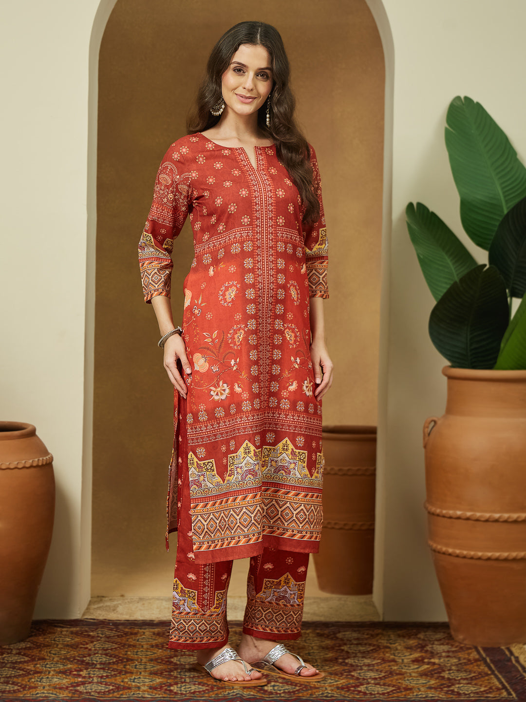 Women's Rust Cotton Blend Floral Printed Pakistani Straight Kurta Set
