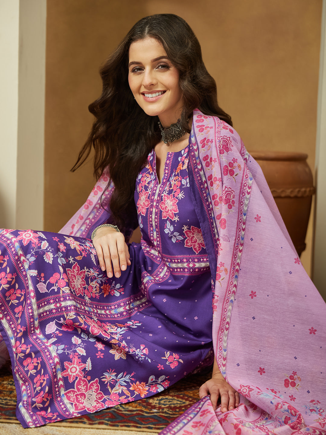 Women's Purple Cotton Blend Floral Printed Straight Kurta Set