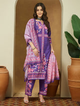 Women's Purple Cotton Blend Floral Printed Straight Kurta Set