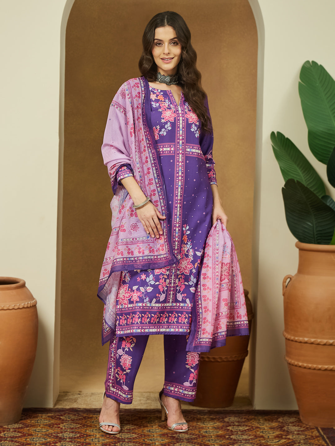 Women's Purple Cotton Blend Floral Printed Straight Kurta Set
