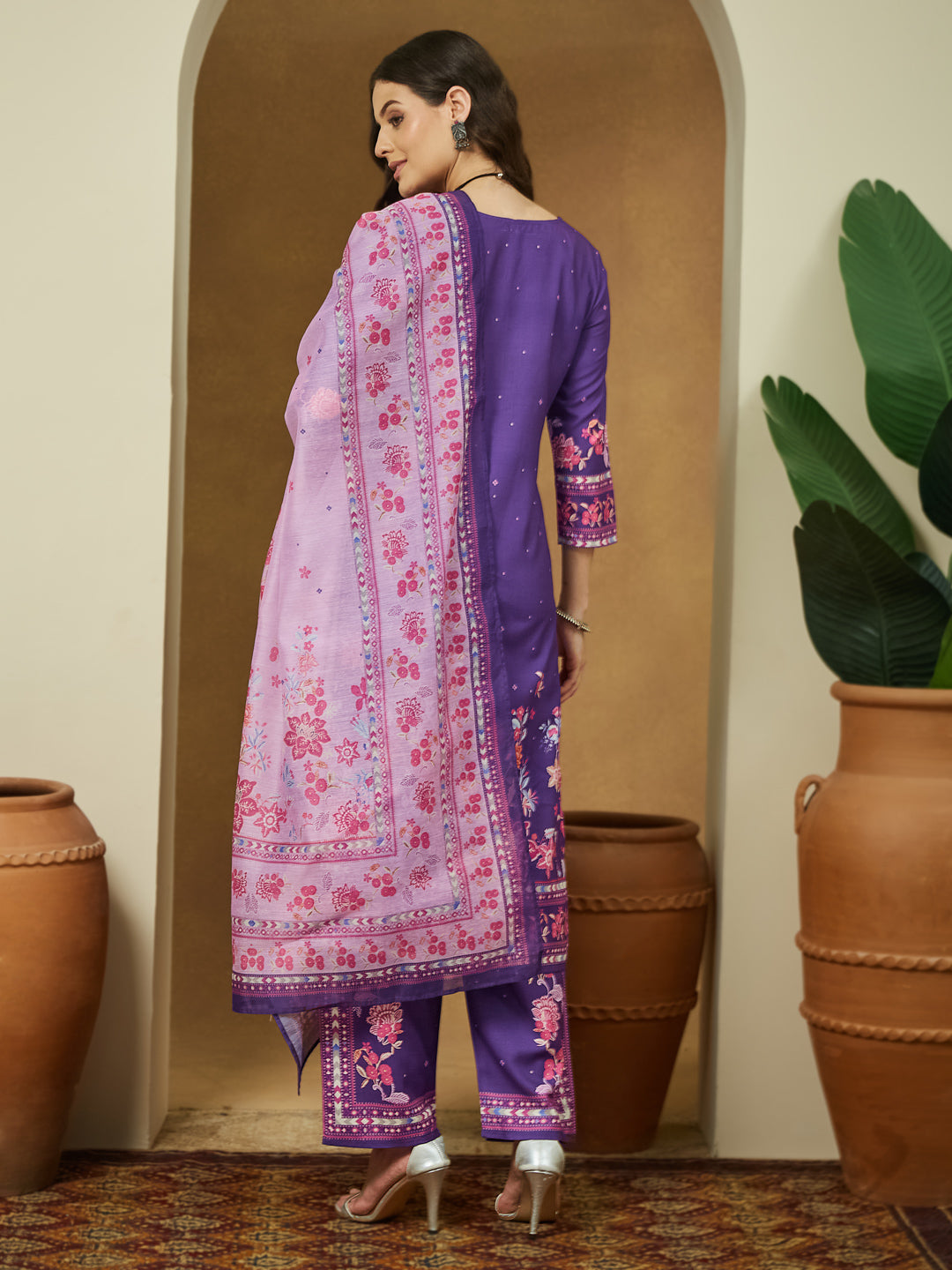 Women's Purple Cotton Blend Floral Printed Straight Kurta Set
