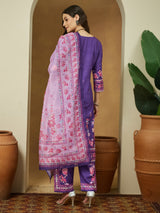 Women's Purple Cotton Blend Floral Printed Straight Kurta Set