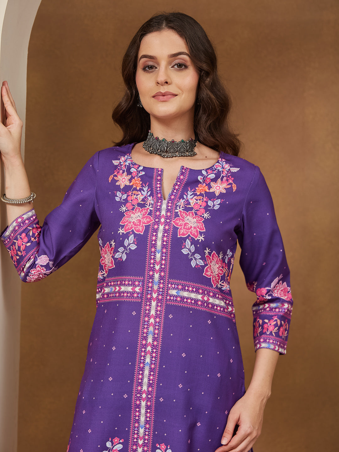 Women's Purple Cotton Blend Floral Printed Straight Kurta Set