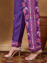 Women's Purple Cotton Blend Floral Printed Straight Kurta Set