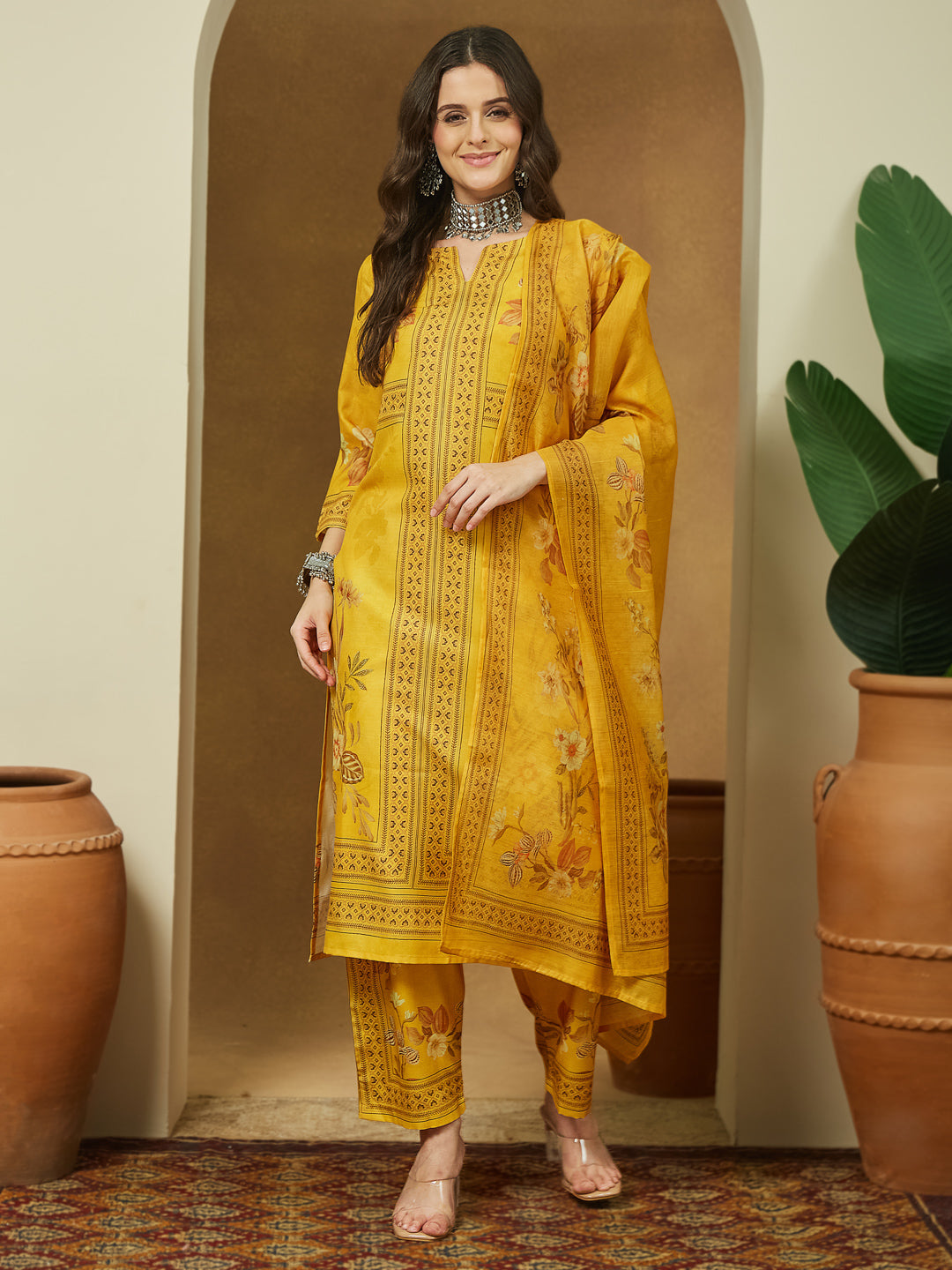 Women's Yellow Cotton Blend Floral Printed Pakistani Floral Straight Kurta Set
