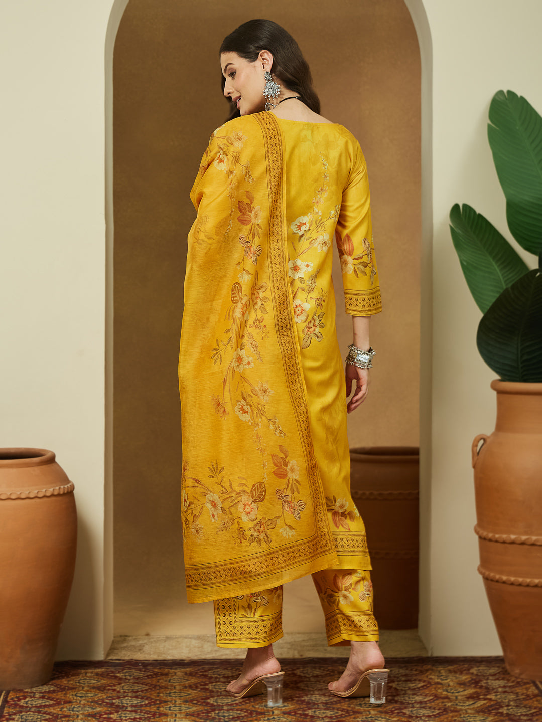 Women's Yellow Cotton Blend Floral Printed Pakistani Floral Straight Kurta Set