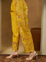 Women's Yellow Cotton Blend Floral Printed Pakistani Floral Straight Kurta Set