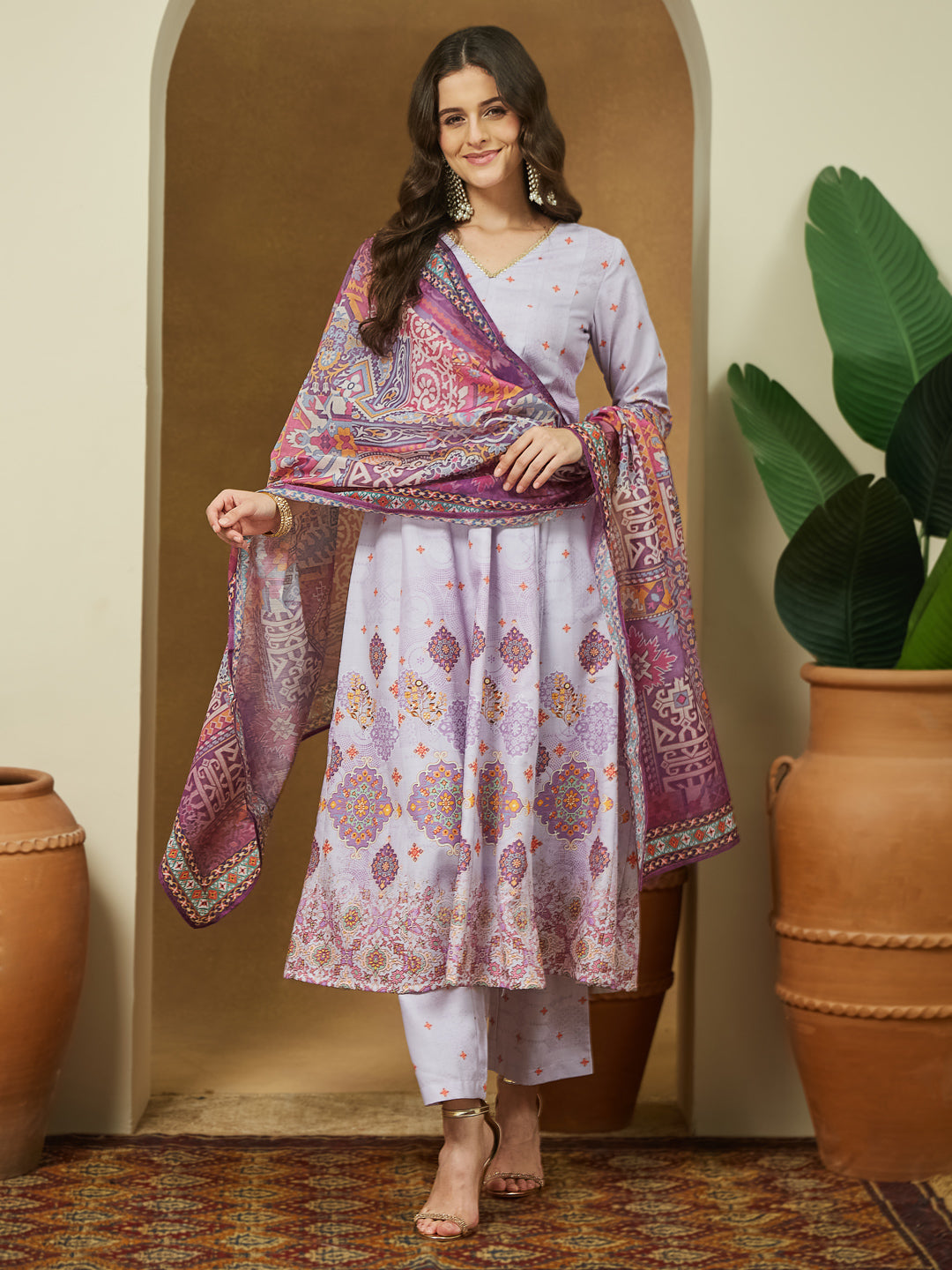 Women's Lavender Cotton Blend Ethnic Motifs Printed Anarkali Kurta Set