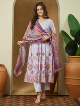 Women's Lavender Cotton Blend Ethnic Motifs Printed Anarkali Kurta Set