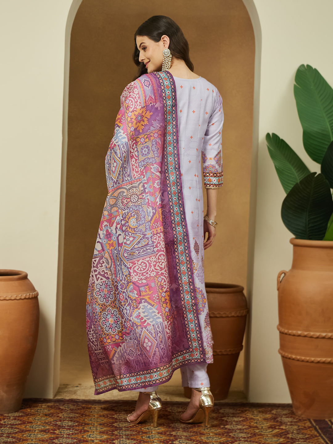 Women's Lavender Cotton Blend Ethnic Motifs Printed Anarkali Kurta Set