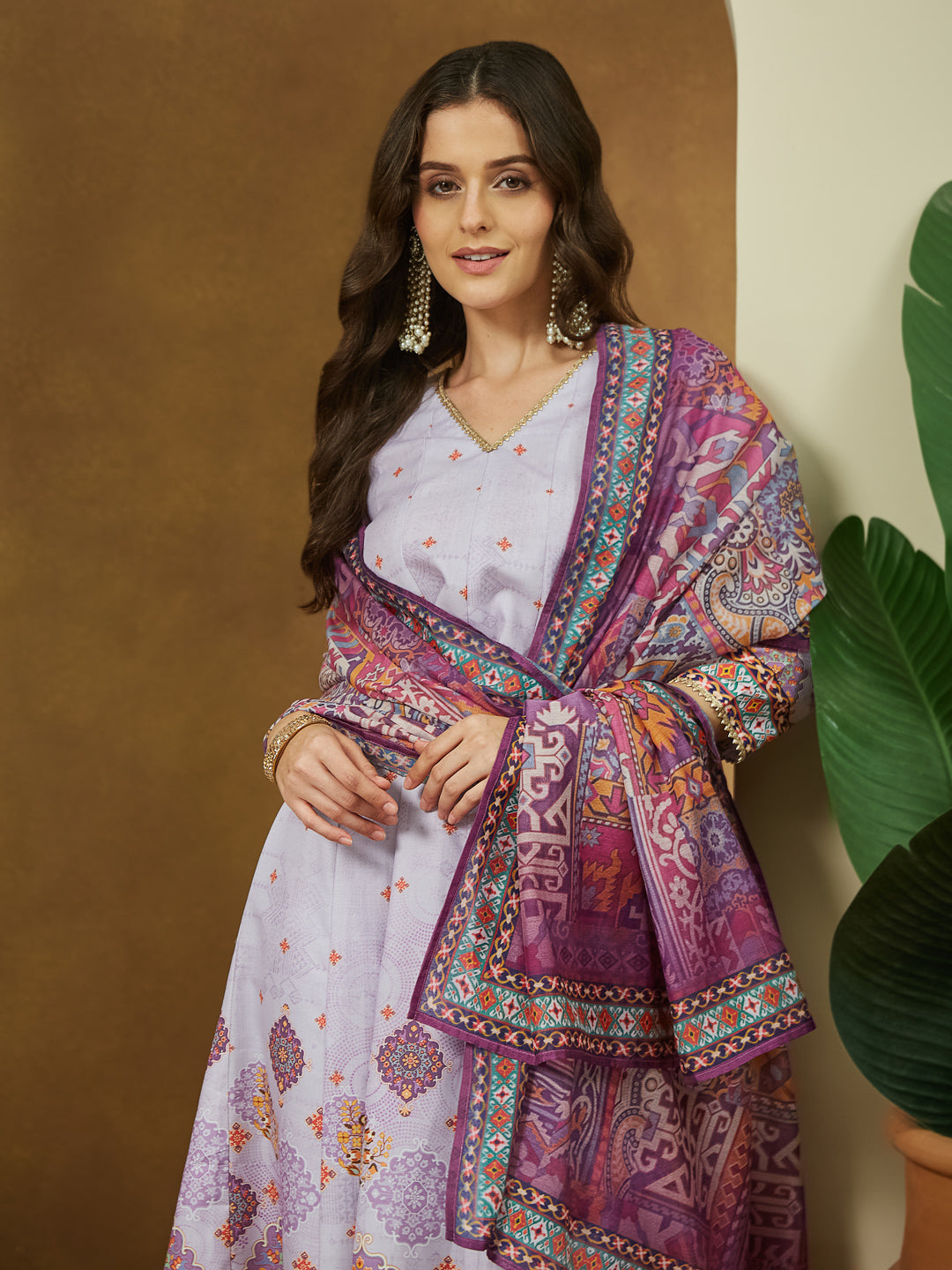 Women's Lavender Cotton Blend Ethnic Motifs Printed Anarkali Kurta Set