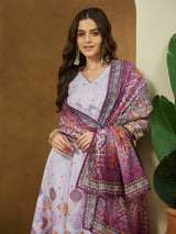 Women's Lavender Cotton Blend Ethnic Motifs Printed Anarkali Kurta Set