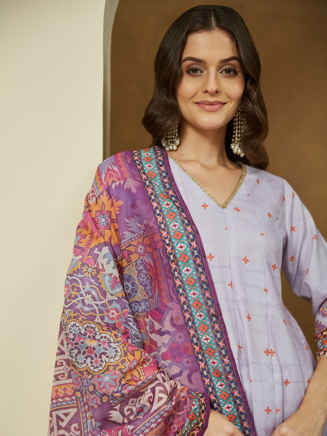 Women's Lavender Cotton Blend Ethnic Motifs Printed Anarkali Kurta Set