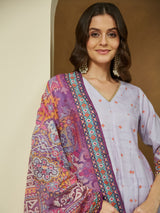 Women's Lavender Cotton Blend Ethnic Motifs Printed Anarkali Kurta Set