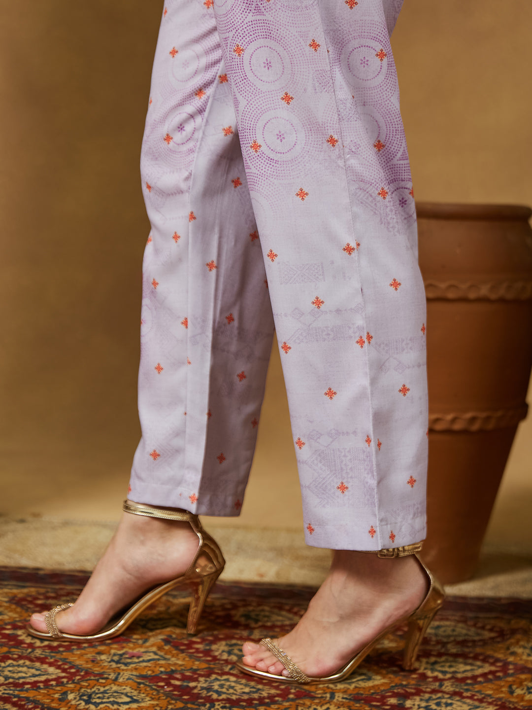 Women's Lavender Cotton Blend Ethnic Motifs Printed Anarkali Kurta Set