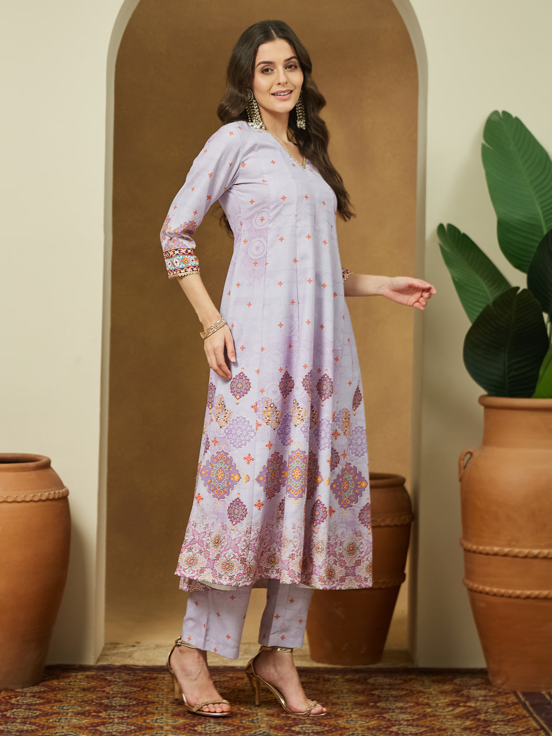 Women's Lavender Cotton Blend Ethnic Motifs Printed Anarkali Kurta Set