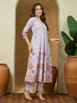 Women's Lavender Cotton Blend Ethnic Motifs Printed Anarkali Kurta Set