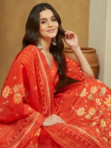 Women's Orange Cotton Blend Floral Printed Anarkali Kurta Set