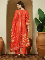 Women's Orange Cotton Blend Floral Printed Anarkali Kurta Set