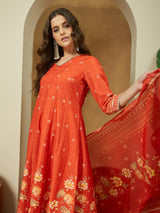 Women's Orange Cotton Blend Floral Printed Anarkali Kurta Set