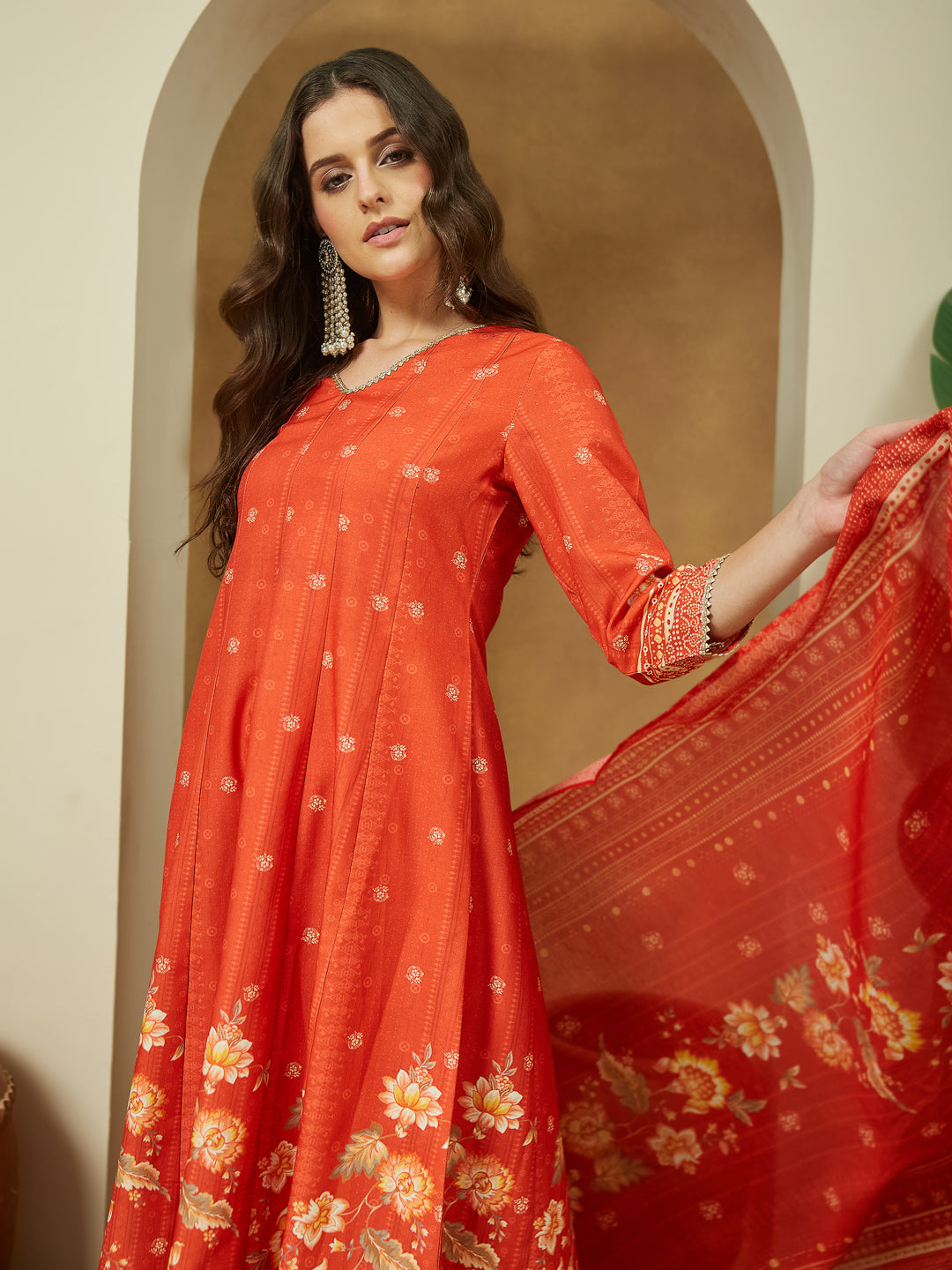Women's Orange Cotton Blend Floral Printed Anarkali Kurta Set