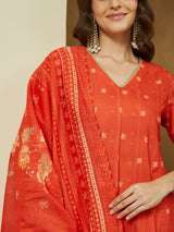 Women's Orange Cotton Blend Floral Printed Anarkali Kurta Set
