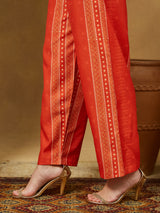 Women's Orange Cotton Blend Floral Printed Anarkali Kurta Set