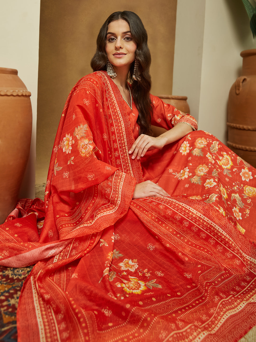 Women's Orange Cotton Blend Floral Printed Anarkali Kurta Set