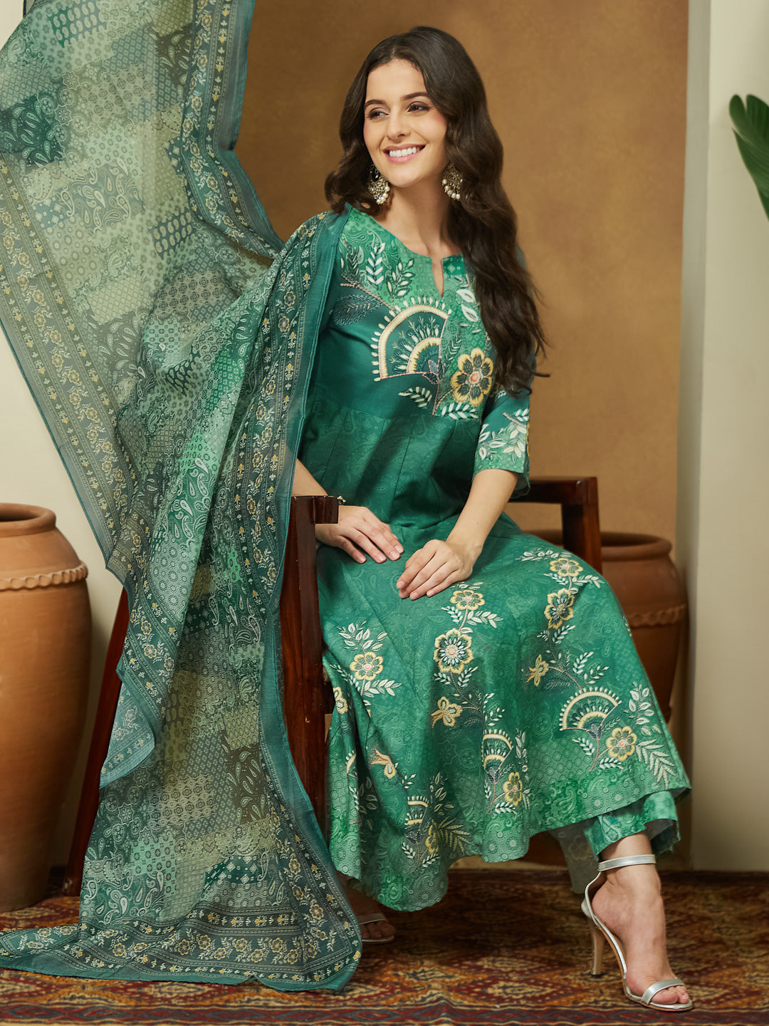 Women's Sage Green Cotton Blend Floral Printed Anarkali Kurta Set