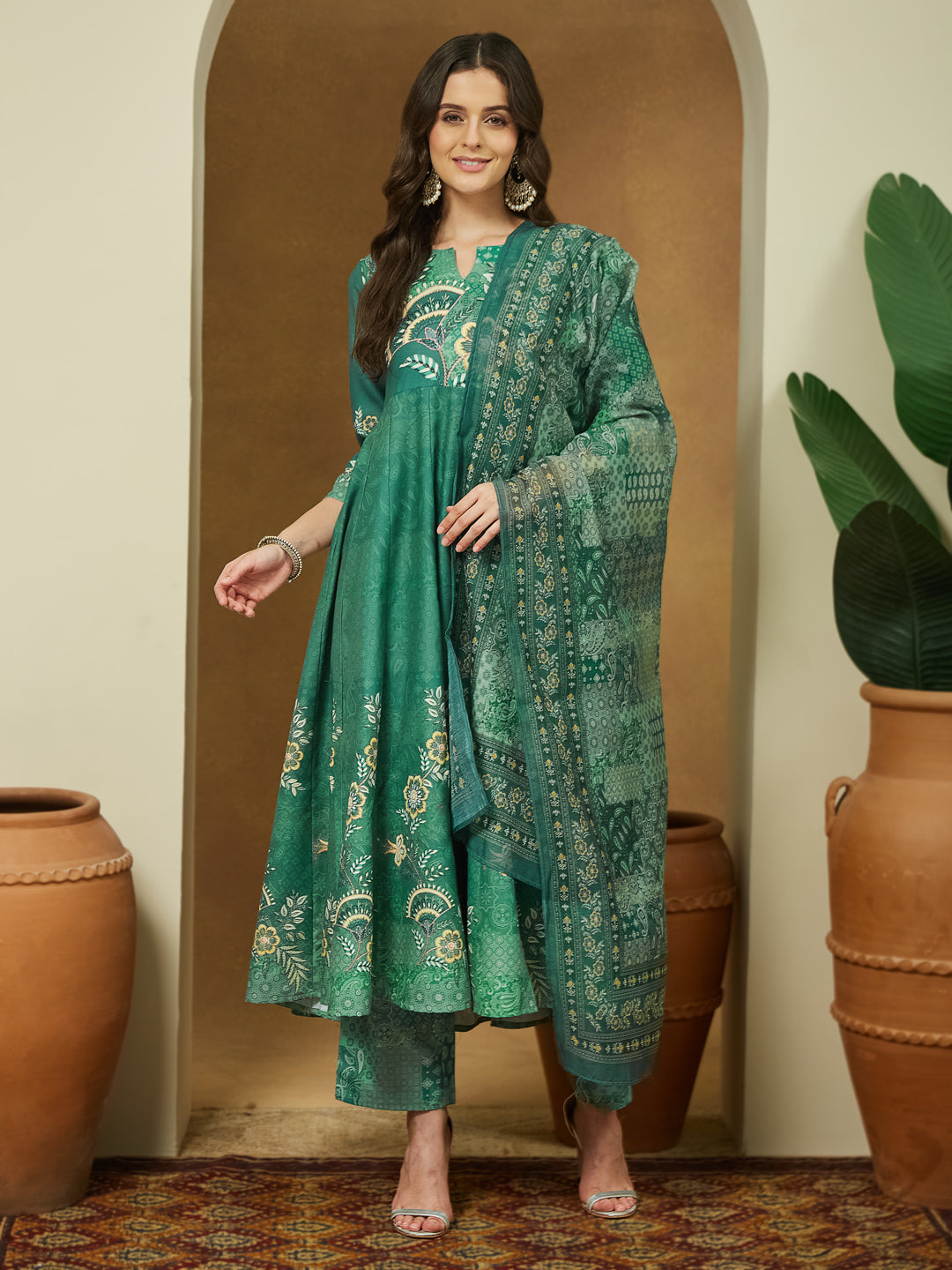 Women's Sage Green Cotton Blend Floral Printed Anarkali Kurta Set