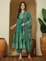 Women's Sage Green Cotton Blend Floral Printed Anarkali Kurta Set