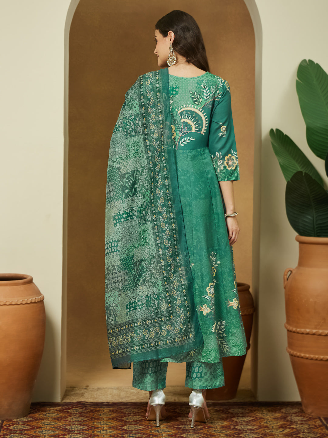 Women's Sage Green Cotton Blend Floral Printed Anarkali Kurta Set