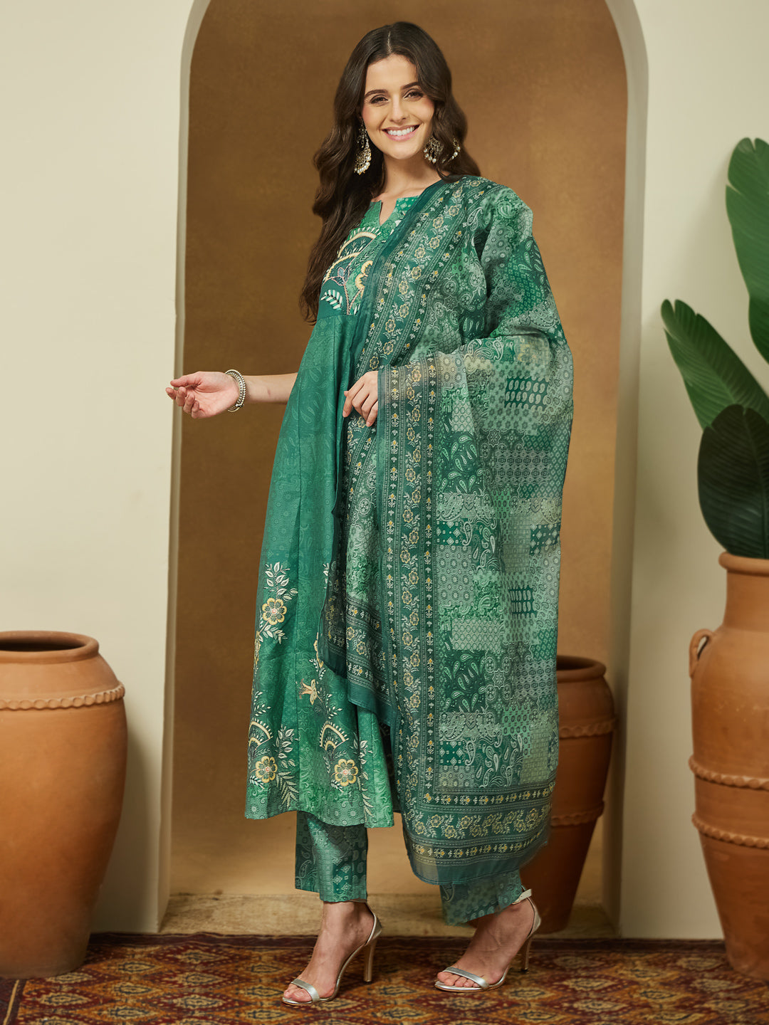 Women's Sage Green Cotton Blend Floral Printed Anarkali Kurta Set