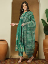 Women's Sage Green Cotton Blend Floral Printed Anarkali Kurta Set