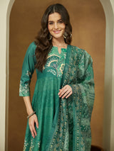 Women's Sage Green Cotton Blend Floral Printed Anarkali Kurta Set