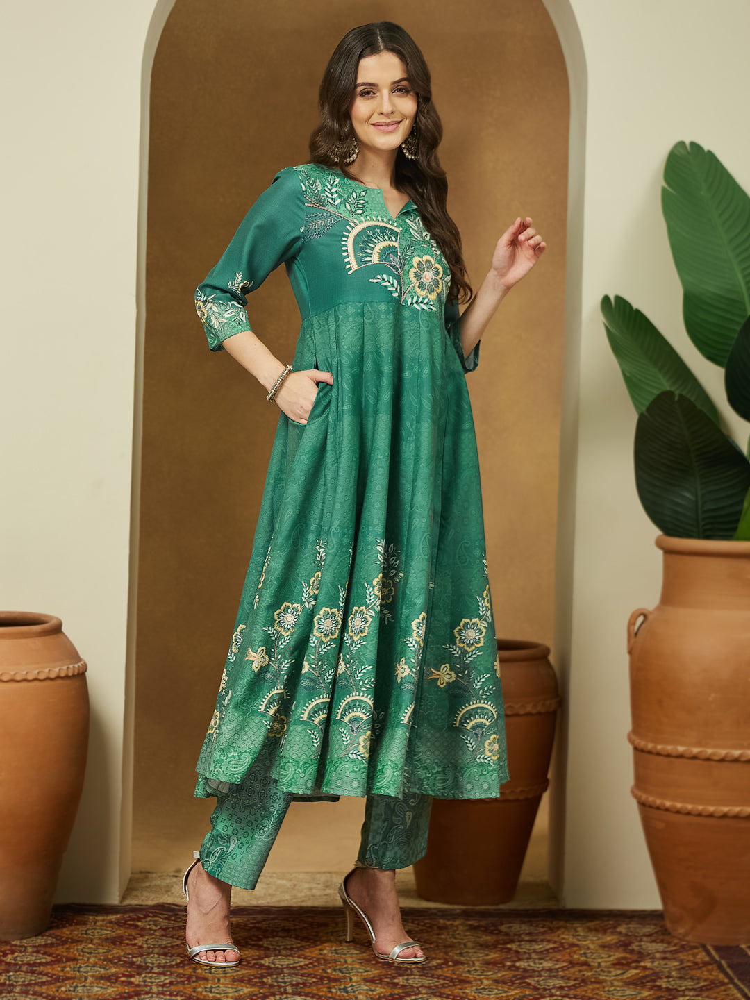 Women's Sage Green Cotton Blend Floral Printed Anarkali Kurta Set