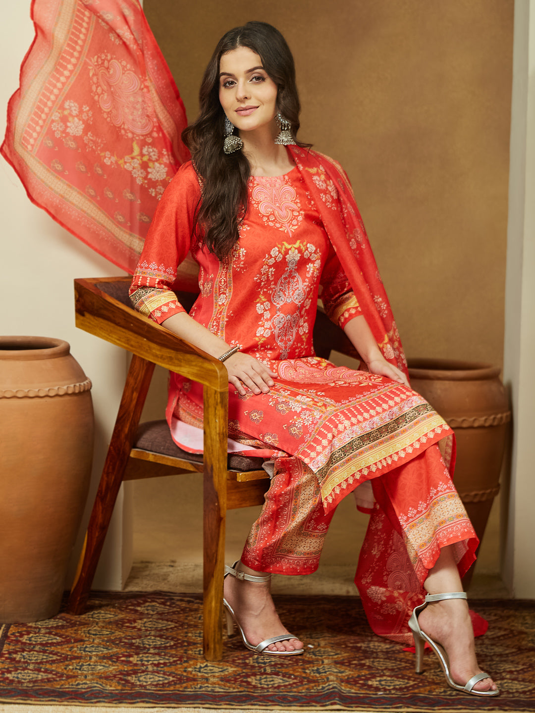 Women's Orange Cotton Blend Ethnic Motifs Printed Pakistani Straight Kurta Set